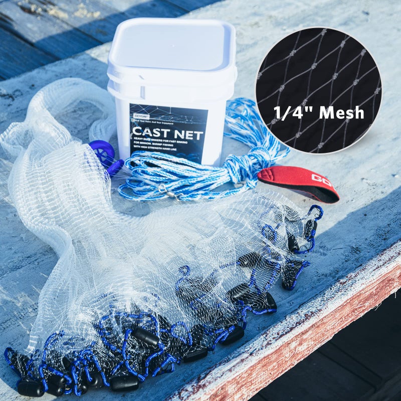 Goture American Fishing Cast Net,Casting Nets Freshwater Saltwater for Bait Fish Shrimp Trap 3ft/4ft/6ft/7ft/8ft/10ft/12ft Radius 1/4 3/8 inch Mesh Size,Throw Fishing Castnet with Needle Shuttle - Image 3